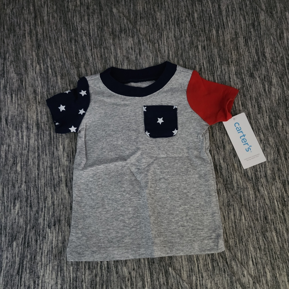 Carter's Gray T-Shirt with Star Pocket and Red Sleeve